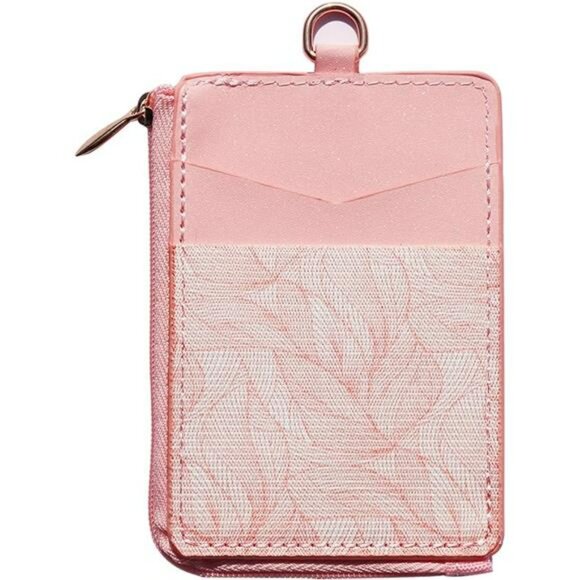 Slim leather card holder wallet with zipper pink minimalist credit card case - Picture 6 of 6